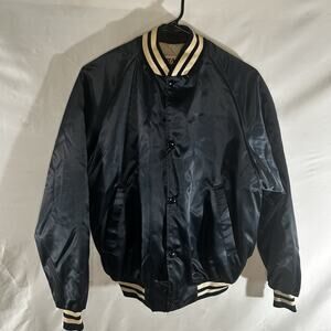 Vintage WestArk USA Black Satin Bomber Jacket Quilted Lined Snap Front Medium
